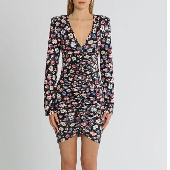 ROTATE BIRGER CHRISTENSEN Dress Ruched Floral Mini Cocktail 4 Faux vinyl - Picture 1 of 12